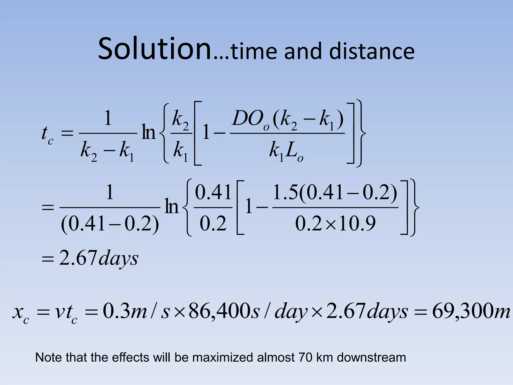 Solution…time and distance
days
L
k
k
k
DO
k
k
k
k
t
o
o
c
67
.
2
9
.
10
2
.
0
)
2
.
0
41
.
0
(
5
.
1
1
2
.
0
41
.
0
ln
)
2
.
0
41
.
0
(
1
)
(
1
ln
1
1
1
2
1
2
1
2




































m
days
day
s
s
m
vt
x c
c 300
,
69
67
.
2
/
400
,
86
/
3
.
0 




Note that the effects will be maximized almost 70 km downstream
 