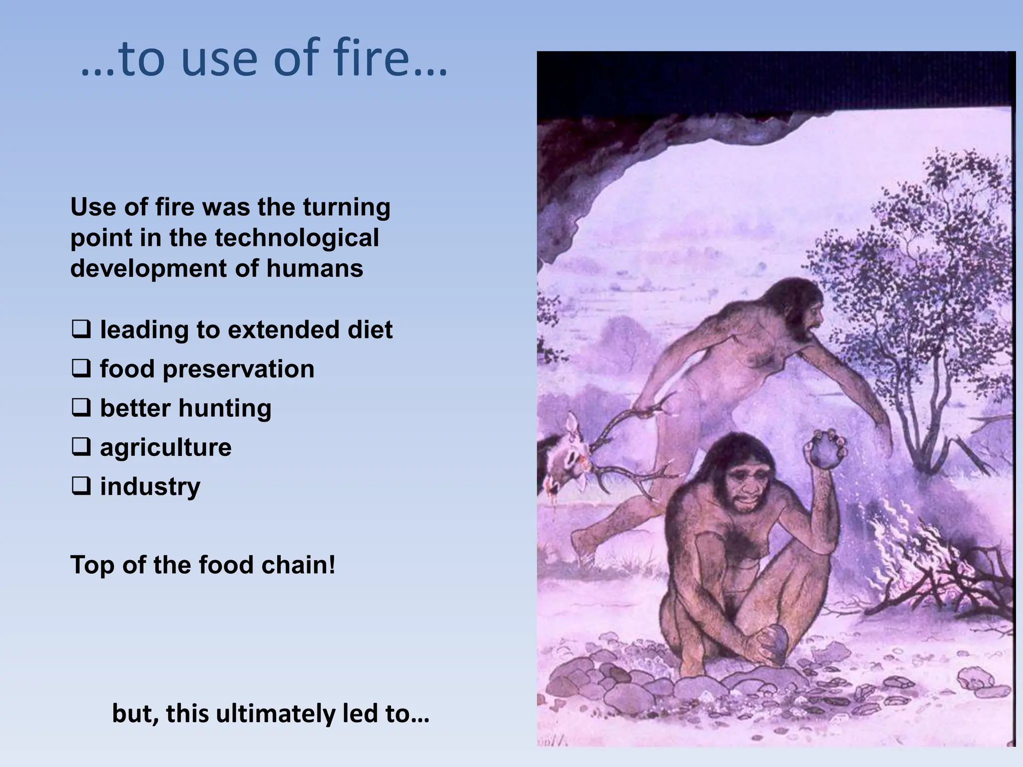 Use of fire was the turning
point in the technological
development of humans
 leading to extended diet
 food preservation
 better hunting
 agriculture
 industry
Top of the food chain!
…to use of fire…
but, this ultimately led to…
 