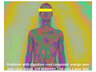 Problems with digestion –red congested energy seen
over solar plexus and abdomen. He eats a poor diet

 