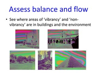 Assess balance and flow
• See where areas of ‘vibrancy’ and ‘nonvibrancy’ are in buildings and the environment

 