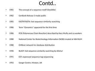 Contd..
• 1981 The concept of a sequence motif (Doolittle)
• 1982 GenBank Release 3 made public
• 1985 FASTP/FASTN: fast sequence similarity searching
• 1986 Term "Genomics" appeared for the first time
• 1986 PCR (Polymerase Chain Reaction) described by Kary Mullis and co-workers
• 1988 National Center for Biotechnology Information (NCBI) created at NIH/NLM
• 1988 EMBnet network for database distribution
• 1990 BLAST: fast sequence similarity searching by Altshul
• 1991 EST: expressed sequence tag sequencing
• 1993 Sanger Centre, Hinxton, UK
 