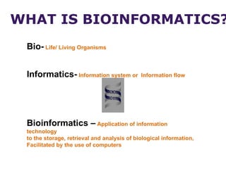 Bio- Life/ Living Organisms
Informatics- Information system or Information flow
Bioinformatics – Application of information
technology
to the storage, retrieval and analysis of biological information,
Facilitated by the use of computers
WHAT IS BIOINFORMATICS?
 