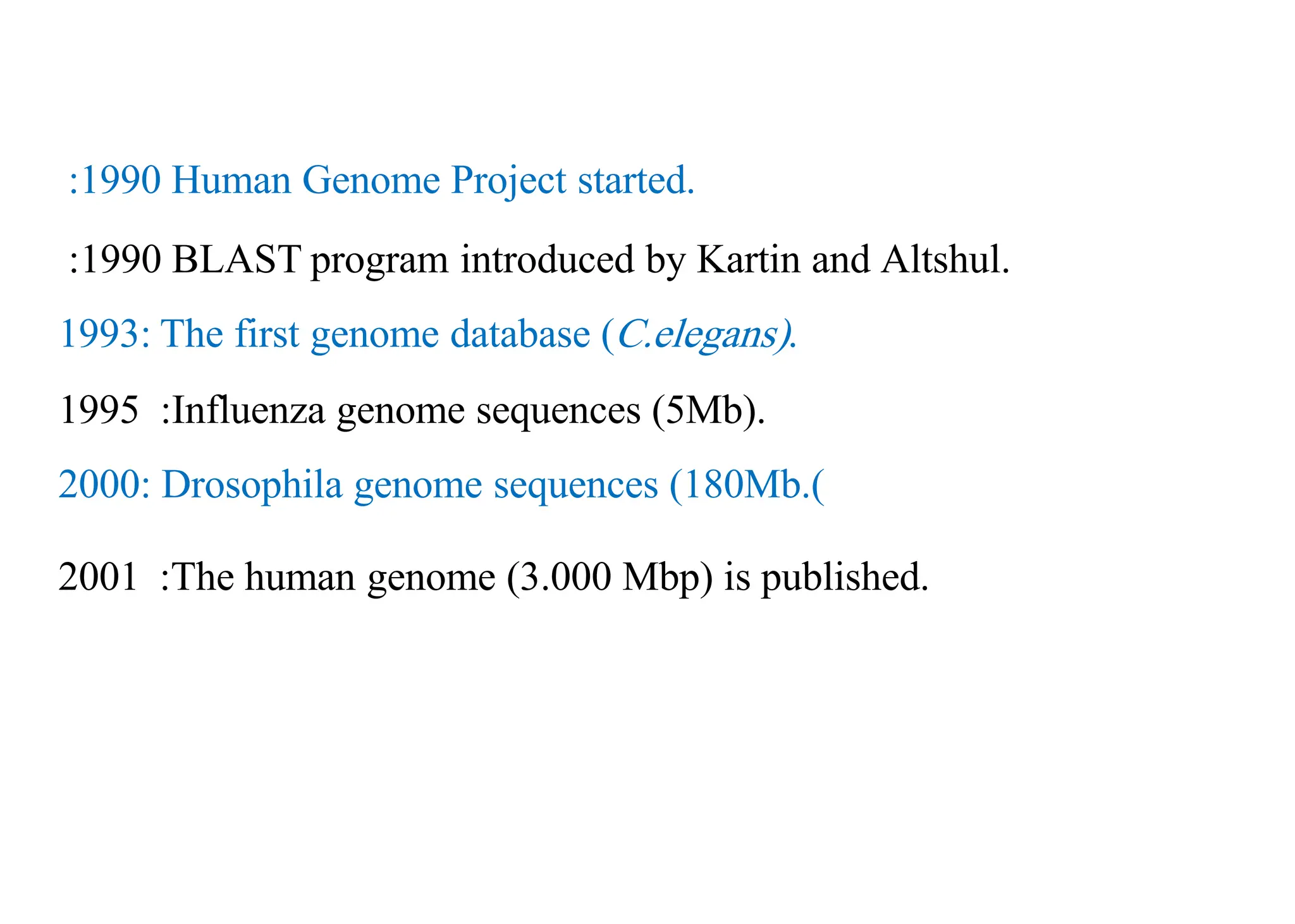 1990
: Human Genome Project started.
1990
: BLAST program introduced by Kartin and Altshul.
1993: The first genome database (C.elegans).
1995 :Influenza genome sequences (5Mb).
2000: Drosophila genome sequences (180Mb.)
2001 :The human genome (3.000 Mbp) is published.
 