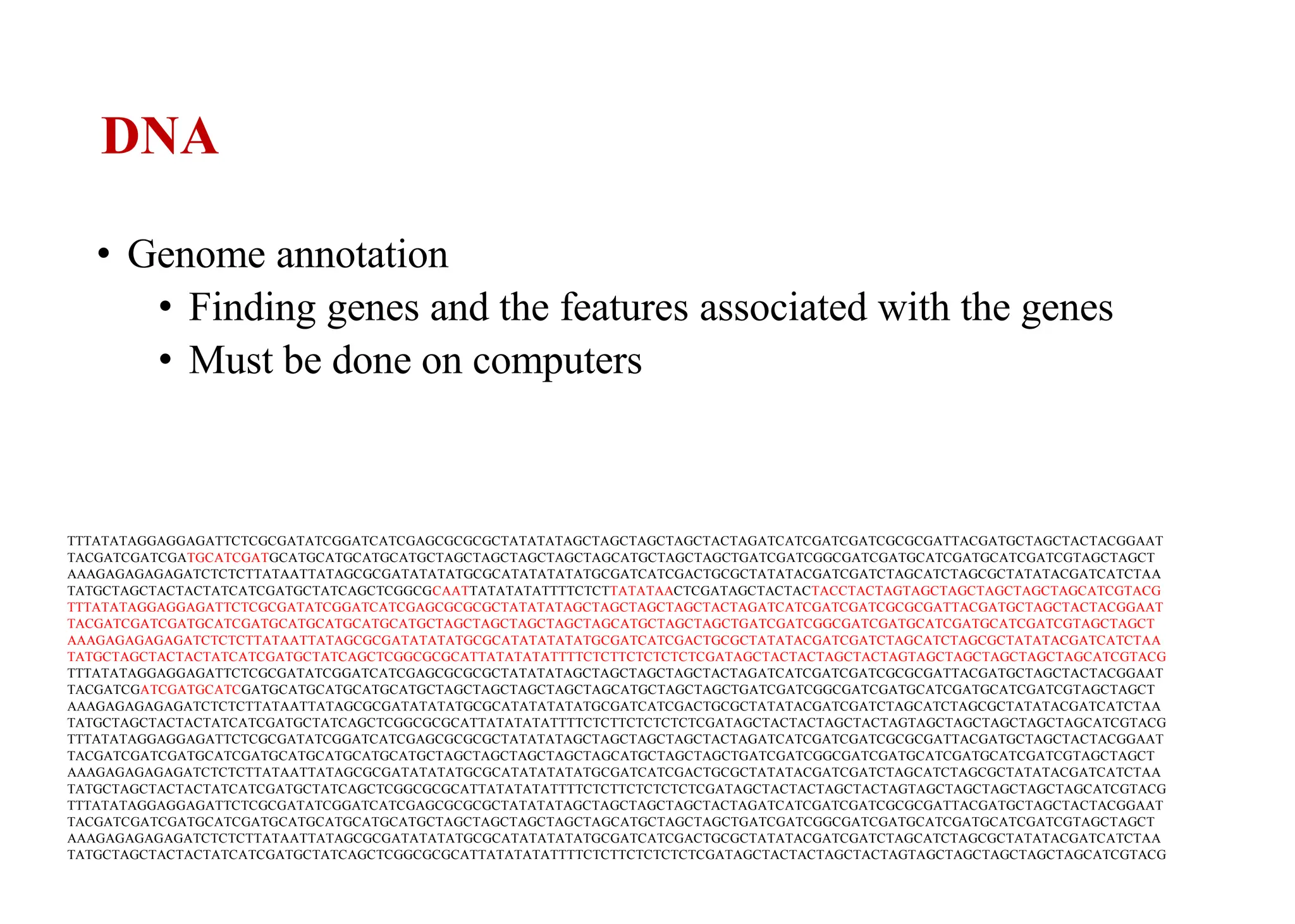 DNA
• Genome annotation
• Finding genes and the features associated with the genes
• Must be done on computers
TTTATATAGGAGGAGATTCTCGCGATATCGGATCATCGAGCGCGCGCTATATATAGCTAGCTAGCTAGCTACTAGATCATCGATCGATCGCGCGATTACGATGCTAGCTACTACGGAAT
TACGATCGATCGATGCATCGATGCATGCATGCATGCATGCTAGCTAGCTAGCTAGCTAGCATGCTAGCTAGCTGATCGATCGGCGATCGATGCATCGATGCATCGATCGTAGCTAGCT
AAAGAGAGAGAGATCTCTCTTATAATTATAGCGCGATATATATGCGCATATATATATGCGATCATCGACTGCGCTATATACGATCGATCTAGCATCTAGCGCTATATACGATCATCTAA
TATGCTAGCTACTACTATCATCGATGCTATCAGCTCGGCGCAATTATATATATTTTCTCTTATATAACTCGATAGCTACTACTACCTACTAGTAGCTAGCTAGCTAGCTAGCATCGTACG
TTTATATAGGAGGAGATTCTCGCGATATCGGATCATCGAGCGCGCGCTATATATAGCTAGCTAGCTAGCTACTAGATCATCGATCGATCGCGCGATTACGATGCTAGCTACTACGGAAT
TACGATCGATCGATGCATCGATGCATGCATGCATGCATGCTAGCTAGCTAGCTAGCTAGCATGCTAGCTAGCTGATCGATCGGCGATCGATGCATCGATGCATCGATCGTAGCTAGCT
AAAGAGAGAGAGATCTCTCTTATAATTATAGCGCGATATATATGCGCATATATATATGCGATCATCGACTGCGCTATATACGATCGATCTAGCATCTAGCGCTATATACGATCATCTAA
TATGCTAGCTACTACTATCATCGATGCTATCAGCTCGGCGCGCATTATATATATTTTCTCTTCTCTCTCTCGATAGCTACTACTAGCTACTAGTAGCTAGCTAGCTAGCTAGCATCGTACG
TTTATATAGGAGGAGATTCTCGCGATATCGGATCATCGAGCGCGCGCTATATATAGCTAGCTAGCTAGCTACTAGATCATCGATCGATCGCGCGATTACGATGCTAGCTACTACGGAAT
TACGATCGATCGATGCATCGATGCATGCATGCATGCATGCTAGCTAGCTAGCTAGCTAGCATGCTAGCTAGCTGATCGATCGGCGATCGATGCATCGATGCATCGATCGTAGCTAGCT
AAAGAGAGAGAGATCTCTCTTATAATTATAGCGCGATATATATGCGCATATATATATGCGATCATCGACTGCGCTATATACGATCGATCTAGCATCTAGCGCTATATACGATCATCTAA
TATGCTAGCTACTACTATCATCGATGCTATCAGCTCGGCGCGCATTATATATATTTTCTCTTCTCTCTCTCGATAGCTACTACTAGCTACTAGTAGCTAGCTAGCTAGCTAGCATCGTACG
TTTATATAGGAGGAGATTCTCGCGATATCGGATCATCGAGCGCGCGCTATATATAGCTAGCTAGCTAGCTACTAGATCATCGATCGATCGCGCGATTACGATGCTAGCTACTACGGAAT
TACGATCGATCGATGCATCGATGCATGCATGCATGCATGCTAGCTAGCTAGCTAGCTAGCATGCTAGCTAGCTGATCGATCGGCGATCGATGCATCGATGCATCGATCGTAGCTAGCT
AAAGAGAGAGAGATCTCTCTTATAATTATAGCGCGATATATATGCGCATATATATATGCGATCATCGACTGCGCTATATACGATCGATCTAGCATCTAGCGCTATATACGATCATCTAA
TATGCTAGCTACTACTATCATCGATGCTATCAGCTCGGCGCGCATTATATATATTTTCTCTTCTCTCTCTCGATAGCTACTACTAGCTACTAGTAGCTAGCTAGCTAGCTAGCATCGTACG
TTTATATAGGAGGAGATTCTCGCGATATCGGATCATCGAGCGCGCGCTATATATAGCTAGCTAGCTAGCTACTAGATCATCGATCGATCGCGCGATTACGATGCTAGCTACTACGGAAT
TACGATCGATCGATGCATCGATGCATGCATGCATGCATGCTAGCTAGCTAGCTAGCTAGCATGCTAGCTAGCTGATCGATCGGCGATCGATGCATCGATGCATCGATCGTAGCTAGCT
AAAGAGAGAGAGATCTCTCTTATAATTATAGCGCGATATATATGCGCATATATATATGCGATCATCGACTGCGCTATATACGATCGATCTAGCATCTAGCGCTATATACGATCATCTAA
TATGCTAGCTACTACTATCATCGATGCTATCAGCTCGGCGCGCATTATATATATTTTCTCTTCTCTCTCTCGATAGCTACTACTAGCTACTAGTAGCTAGCTAGCTAGCTAGCATCGTACG
 