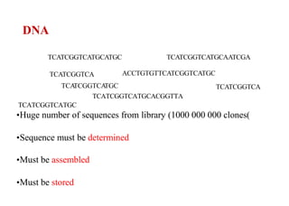DNA
ACCTGTGTTCATCGGTCATGC
TCATCGGTCA
TCATCGGTCATGCACGGTTA
TCATCGGTCATGC
•Huge number of sequences from library (1000 000 000 clones)
•Sequence must be determined
•Must be assembled
•Must be stored
TCATCGGTCA
TCA
TCGGTCA
TGC
TCATCGGTCATGCATGC TCATCGGTCATGCAATCGA
 