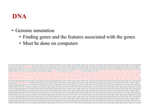 DNA
• Genome annotation
• Finding genes and the features associated with the genes
• Must be done on computers
TTTATATAGGAGGAGATTCTCGCGATATCGGATCATCGAGCGCGCGCTATATATAGCTAGCTAGCTAGCTACTAGATCATCGATCGATCGCGCGATTACGATGCTAGCTACTACGGAAT
TACGATCGATCGATGCATCGATGCATGCATGCATGCATGCTAGCTAGCTAGCTAGCTAGCATGCTAGCTAGCTGATCGATCGGCGATCGATGCATCGATGCATCGATCGTAGCTAGCT
AAAGAGAGAGAGATCTCTCTTATAATTATAGCGCGATATATATGCGCATATATATATGCGATCATCGACTGCGCTATATACGATCGATCTAGCATCTAGCGCTATATACGATCATCTAA
TATGCTAGCTACTACTATCATCGATGCTATCAGCTCGGCGCAATTATATATATTTTCTCTTATATAACTCGATAGCTACTACTACCTACTAGTAGCTAGCTAGCTAGCTAGCATCGTACG
TTTATATAGGAGGAGATTCTCGCGATATCGGATCATCGAGCGCGCGCTATATATAGCTAGCTAGCTAGCTACTAGATCATCGATCGATCGCGCGATTACGATGCTAGCTACTACGGAAT
TACGATCGATCGATGCATCGATGCATGCATGCATGCATGCTAGCTAGCTAGCTAGCTAGCATGCTAGCTAGCTGATCGATCGGCGATCGATGCATCGATGCATCGATCGTAGCTAGCT
AAAGAGAGAGAGATCTCTCTTATAATTATAGCGCGATATATATGCGCATATATATATGCGATCATCGACTGCGCTATATACGATCGATCTAGCATCTAGCGCTATATACGATCATCTAA
TATGCTAGCTACTACTATCATCGATGCTATCAGCTCGGCGCGCATTATATATATTTTCTCTTCTCTCTCTCGATAGCTACTACTAGCTACTAGTAGCTAGCTAGCTAGCTAGCATCGTACG
TTTATATAGGAGGAGATTCTCGCGATATCGGATCATCGAGCGCGCGCTATATATAGCTAGCTAGCTAGCTACTAGATCATCGATCGATCGCGCGATTACGATGCTAGCTACTACGGAAT
TACGATCGATCGATGCATCGATGCATGCATGCATGCATGCTAGCTAGCTAGCTAGCTAGCATGCTAGCTAGCTGATCGATCGGCGATCGATGCATCGATGCATCGATCGTAGCTAGCT
AAAGAGAGAGAGATCTCTCTTATAATTATAGCGCGATATATATGCGCATATATATATGCGATCATCGACTGCGCTATATACGATCGATCTAGCATCTAGCGCTATATACGATCATCTAA
TATGCTAGCTACTACTATCATCGATGCTATCAGCTCGGCGCGCATTATATATATTTTCTCTTCTCTCTCTCGATAGCTACTACTAGCTACTAGTAGCTAGCTAGCTAGCTAGCATCGTACG
TTTATATAGGAGGAGATTCTCGCGATATCGGATCATCGAGCGCGCGCTATATATAGCTAGCTAGCTAGCTACTAGATCATCGATCGATCGCGCGATTACGATGCTAGCTACTACGGAAT
TACGATCGATCGATGCATCGATGCATGCATGCATGCATGCTAGCTAGCTAGCTAGCTAGCATGCTAGCTAGCTGATCGATCGGCGATCGATGCATCGATGCATCGATCGTAGCTAGCT
AAAGAGAGAGAGATCTCTCTTATAATTATAGCGCGATATATATGCGCATATATATATGCGATCATCGACTGCGCTATATACGATCGATCTAGCATCTAGCGCTATATACGATCATCTAA
TATGCTAGCTACTACTATCATCGATGCTATCAGCTCGGCGCGCATTATATATATTTTCTCTTCTCTCTCTCGATAGCTACTACTAGCTACTAGTAGCTAGCTAGCTAGCTAGCATCGTACG
TTTATATAGGAGGAGATTCTCGCGATATCGGATCATCGAGCGCGCGCTATATATAGCTAGCTAGCTAGCTACTAGATCATCGATCGATCGCGCGATTACGATGCTAGCTACTACGGAAT
TACGATCGATCGATGCATCGATGCATGCATGCATGCATGCTAGCTAGCTAGCTAGCTAGCATGCTAGCTAGCTGATCGATCGGCGATCGATGCATCGATGCATCGATCGTAGCTAGCT
AAAGAGAGAGAGATCTCTCTTATAATTATAGCGCGATATATATGCGCATATATATATGCGATCATCGACTGCGCTATATACGATCGATCTAGCATCTAGCGCTATATACGATCATCTAA
TATGCTAGCTACTACTATCATCGATGCTATCAGCTCGGCGCGCATTATATATATTTTCTCTTCTCTCTCTCGATAGCTACTACTAGCTACTAGTAGCTAGCTAGCTAGCTAGCATCGTACG
 