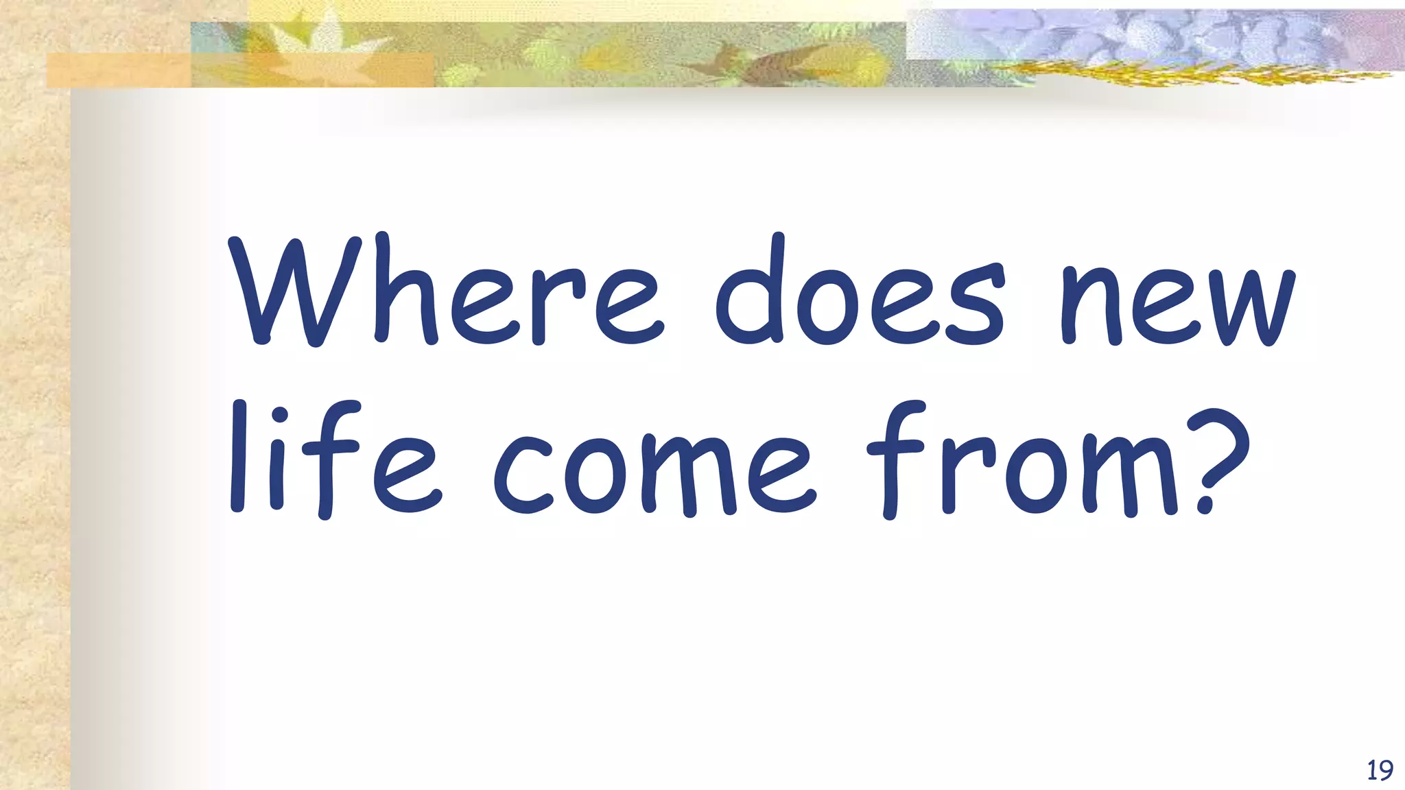 Where does new
life come from?
19
 