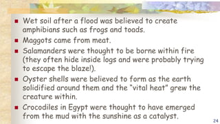  Wet soil after a flood was believed to create
amphibians such as frogs and toads.
 Maggots came from meat.
 Salamanders were thought to be borne within fire
(they often hide inside logs and were probably trying
to escape the blaze!).
 Oyster shells were believed to form as the earth
solidified around them and the “vital heat” grew the
creature within.
 Crocodiles in Egypt were thought to have emerged
from the mud with the sunshine as a catalyst.
24
 