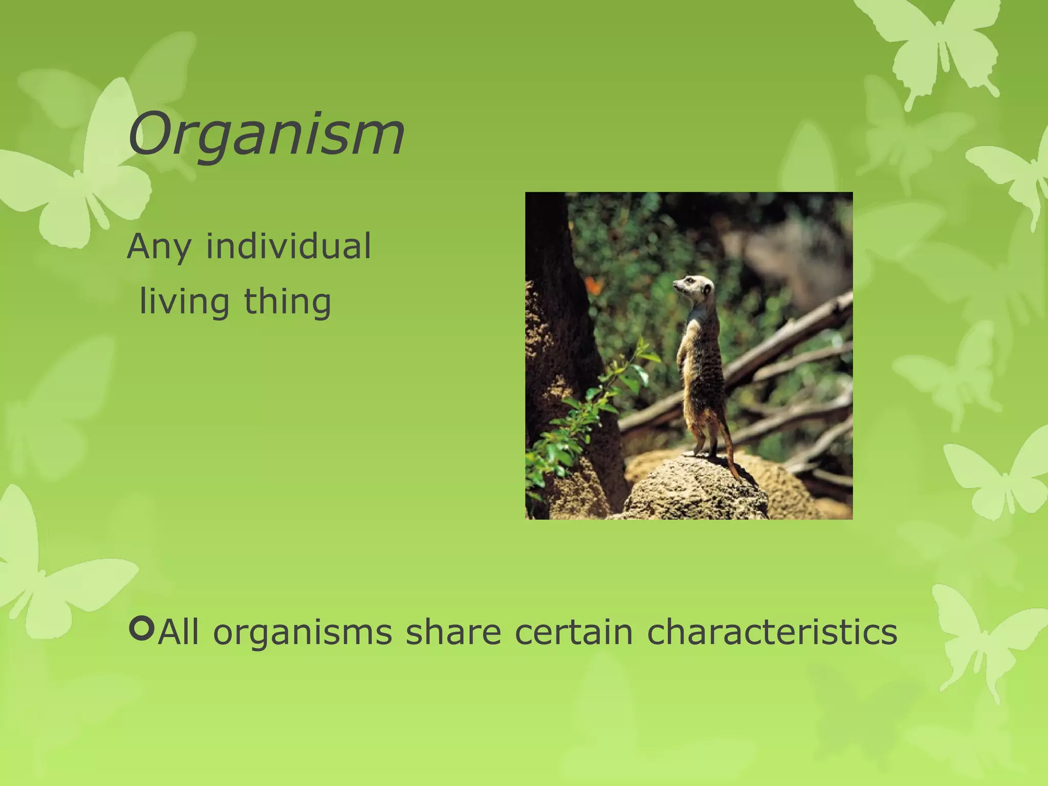 Organism
Any individual
living thing




All organisms share certain characteristics
 