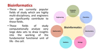 Bioinformatics
• These are currently popular
fields of study which are highly
multi-disciplinary, and engineers
can significantly contribute to
those fields.
• Those fields of study
computationally analyze very
large data sets to draw insights
into the working of the
fundamental functional unit of
life - the cell.
 