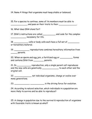 Introduction to biology worksheet from notes