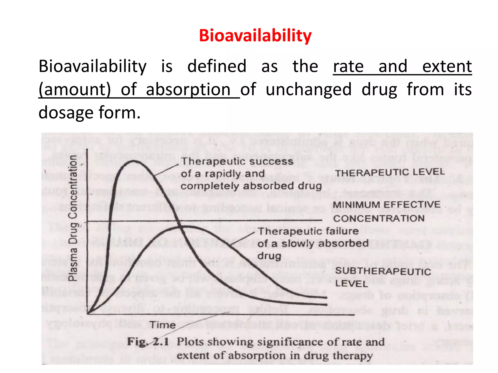 Bioavailability
Bioavailability is defined as the rate and extent
(amount) of absorption of unchanged drug from its
dosage form.
 