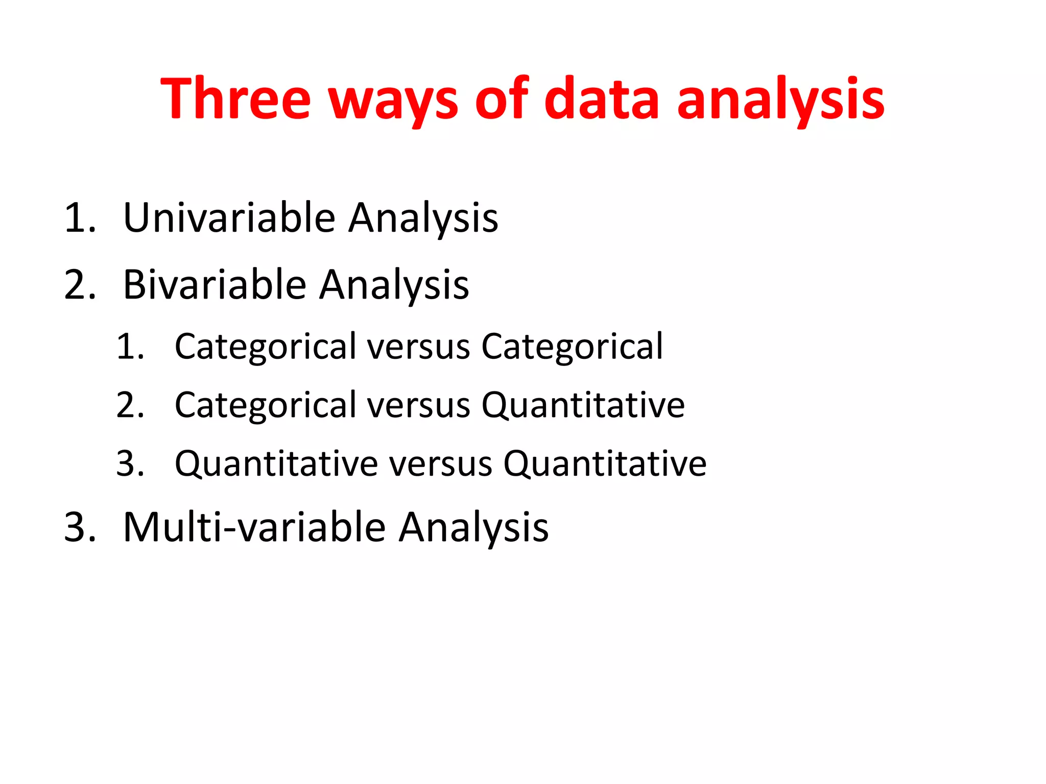 Three ways of data analysis
1. Univariable Analysis
2. Bivariable Analysis
1. Categorical versus Categorical
2. Categorical versus Quantitative
3. Quantitative versus Quantitative
3. Multi-variable Analysis
 
