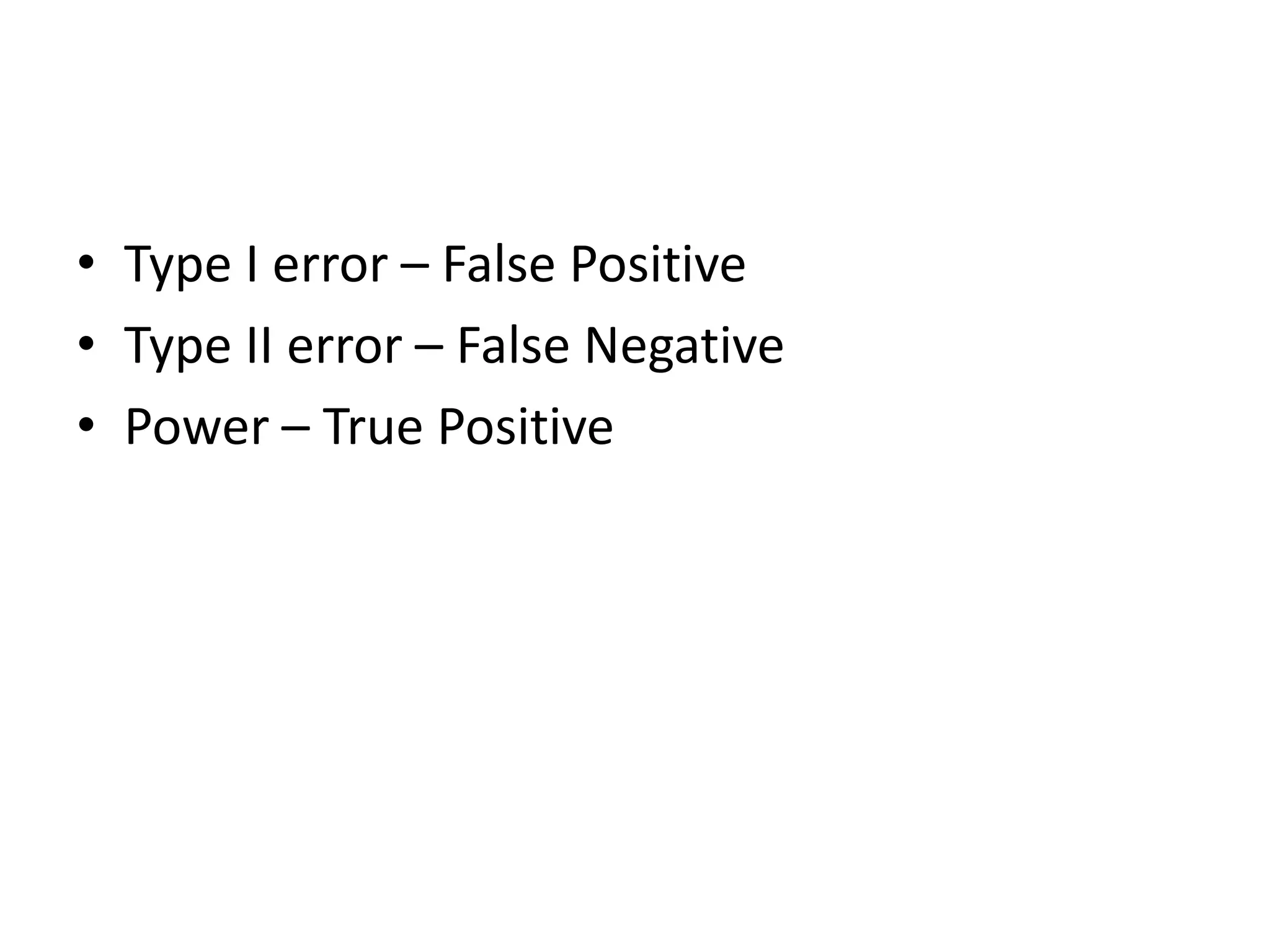 • Type I error – False Positive
• Type II error – False Negative
• Power – True Positive
 