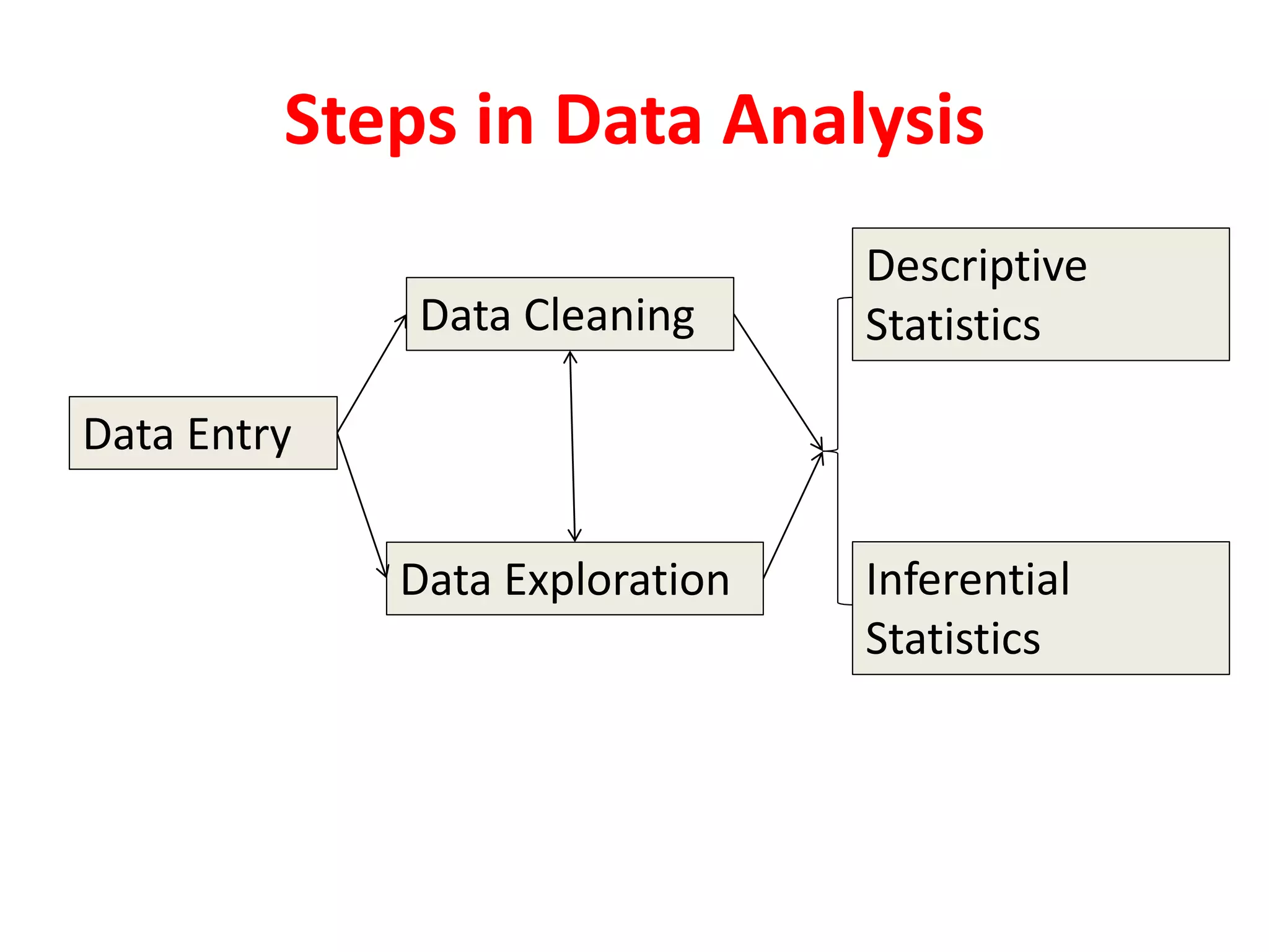 Steps in Data Analysis
Data Entry
Data Cleaning
Data Exploration
Descriptive
Statistics
Inferential
Statistics
 