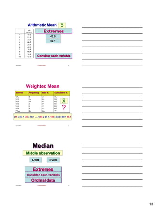 13
June 22, 2013 Dr Fayssal Farahat, MD 37
Arithmetic Mean
ExtremesHR
variation
1
2
3
4
5
6
7
8
9
10
19.2
51.9
33.1
86.7
29.1
45.3
16.4
85.7
18.9
42.6
42.9
32.1
Consider each variable
X
June 22, 2013 Dr Fayssal Farahat, MD 38
Weighted Mean
Interval Frequency Valid % Cumulative %
2-20
21-30
31-40
41-50
51-60
61-70
71-80
81-90
>90
Total
46
70
108
106
74
72
42
29
33
580
7.9
12.1
18.6
18.3
12.8
12.4
7.2
5.0
5.7
100.0
7.9
20.0
38.6
56.9
69.7
82.1
89.3
94.3
100
[(11 x 46) + (25 x 70) + ….+ (85 x 29) + (100 x 33)] / 580 = 49.1
X
?
June 22, 2013 Dr Fayssal Farahat, MD 39
Median
Middle observation
Odd Even
Extremes
Consider each variable
Ordinal data
 