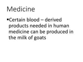 Medicine
Certain blood – derived
products needed in human
medicine can be produced in
the milk of goats
 