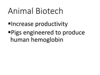 Animal Biotech
Increase productivity
Pigs engineered to produce
human hemoglobin
 