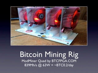 Bitcoin Mining Rig
ModMiner Quad by BTCFPGA.COM
 839Mh/s @ 63W = ~BTC0.2/day
 