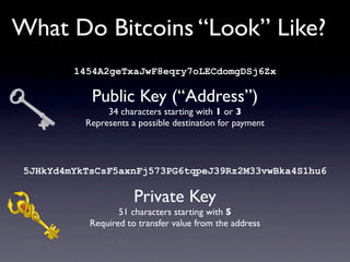 What Do Bitcoins “Look” Like?
         1454A2geTxaJwF8eqry7oLECdomgDSj6Zx

            Public Key (“Address”)
                34 characters starting with 1 or 3
           Represents a possible destination for payment




 5JHkYd4mYkTsCsF5axnFj573PG6tqpeJ39Rz2M33vwBka4S1hu6

                       Private Key
                   51 characters starting with 5
            Required to transfer value from the address
 