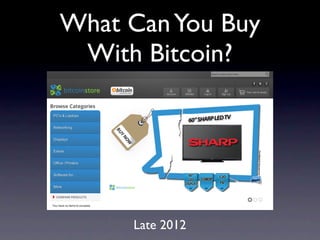 What Can You Buy
 With Bitcoin?




     Late 2012
 