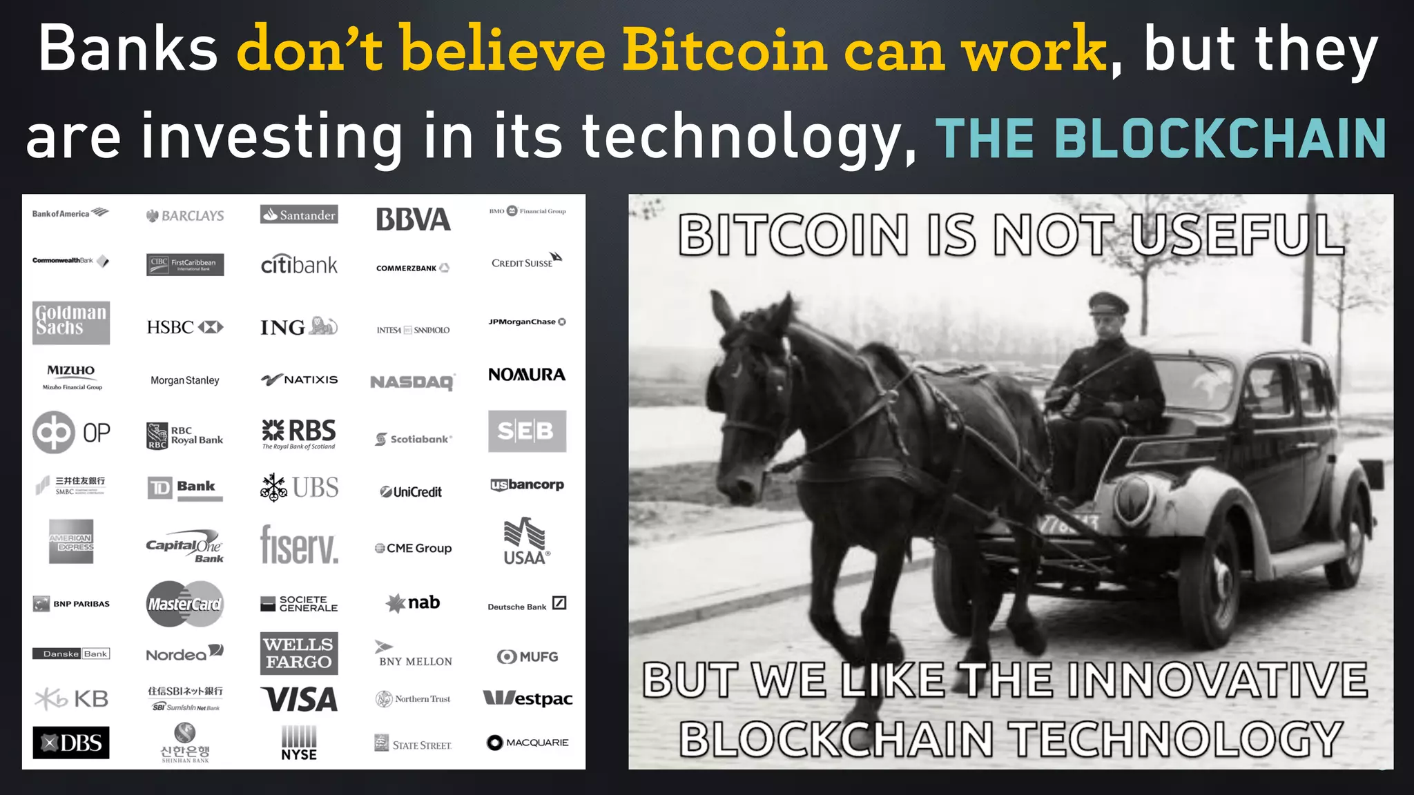 Banks don’t believe Bitcoin can work, but they
are investing in its technology, the Blockchain
 