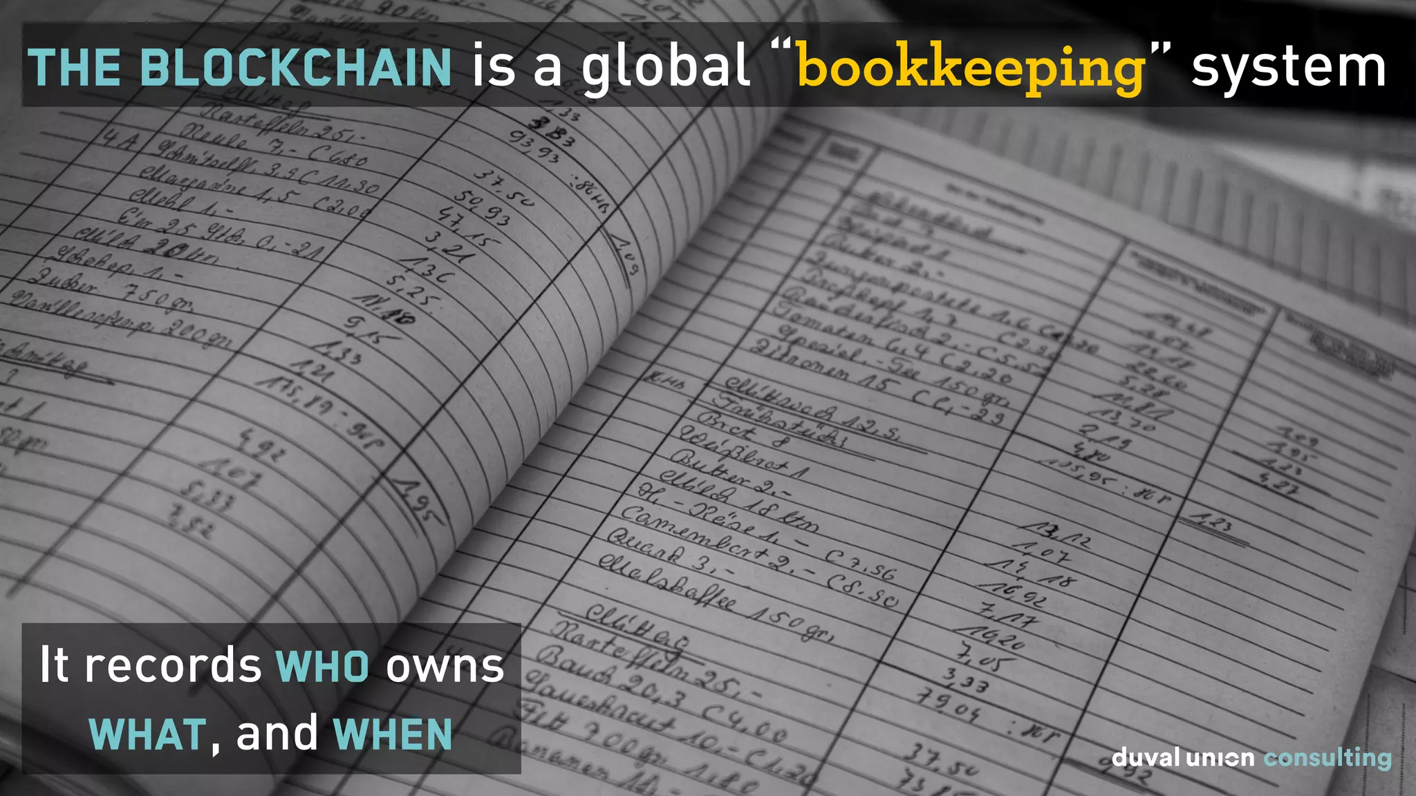 The blockchain is a global “bookkeeping” system
It records who owns
what, and when
 