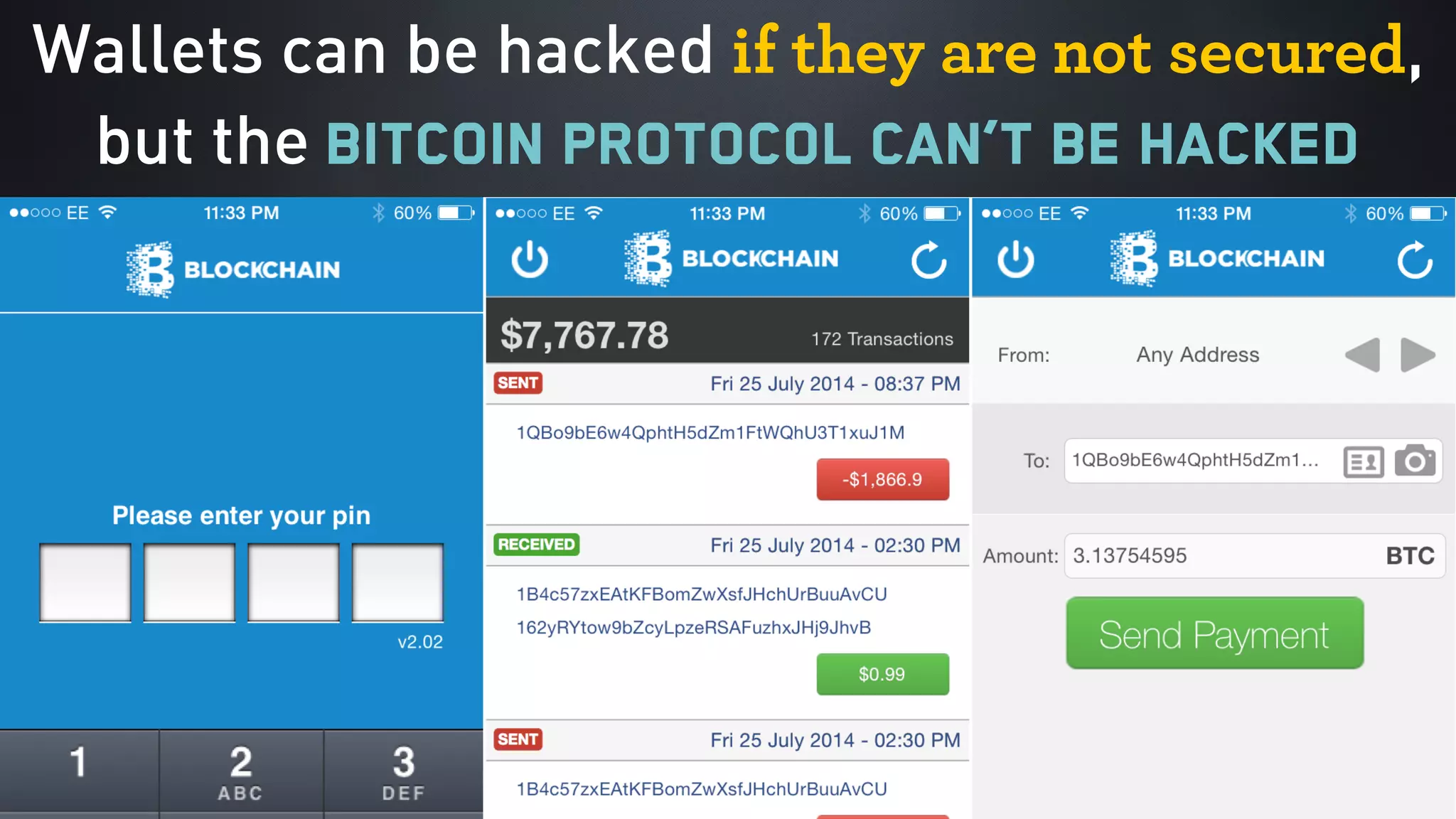 Wallets can be hacked if they are not secured,  
but the Bitcoin protocol can’t be hacked
 