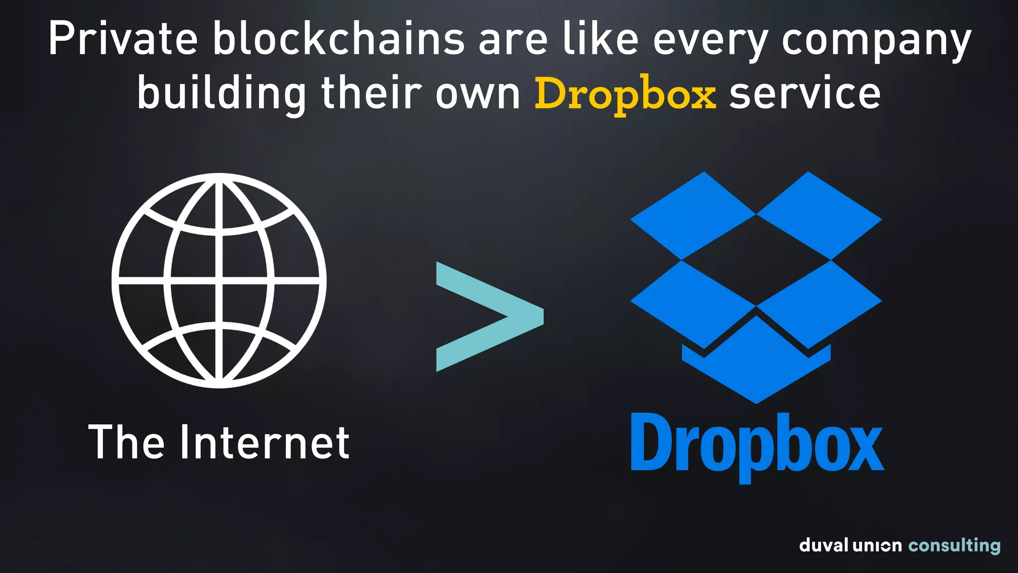 Private blockchains are like every company
building their own Dropbox service
>The Internet
 