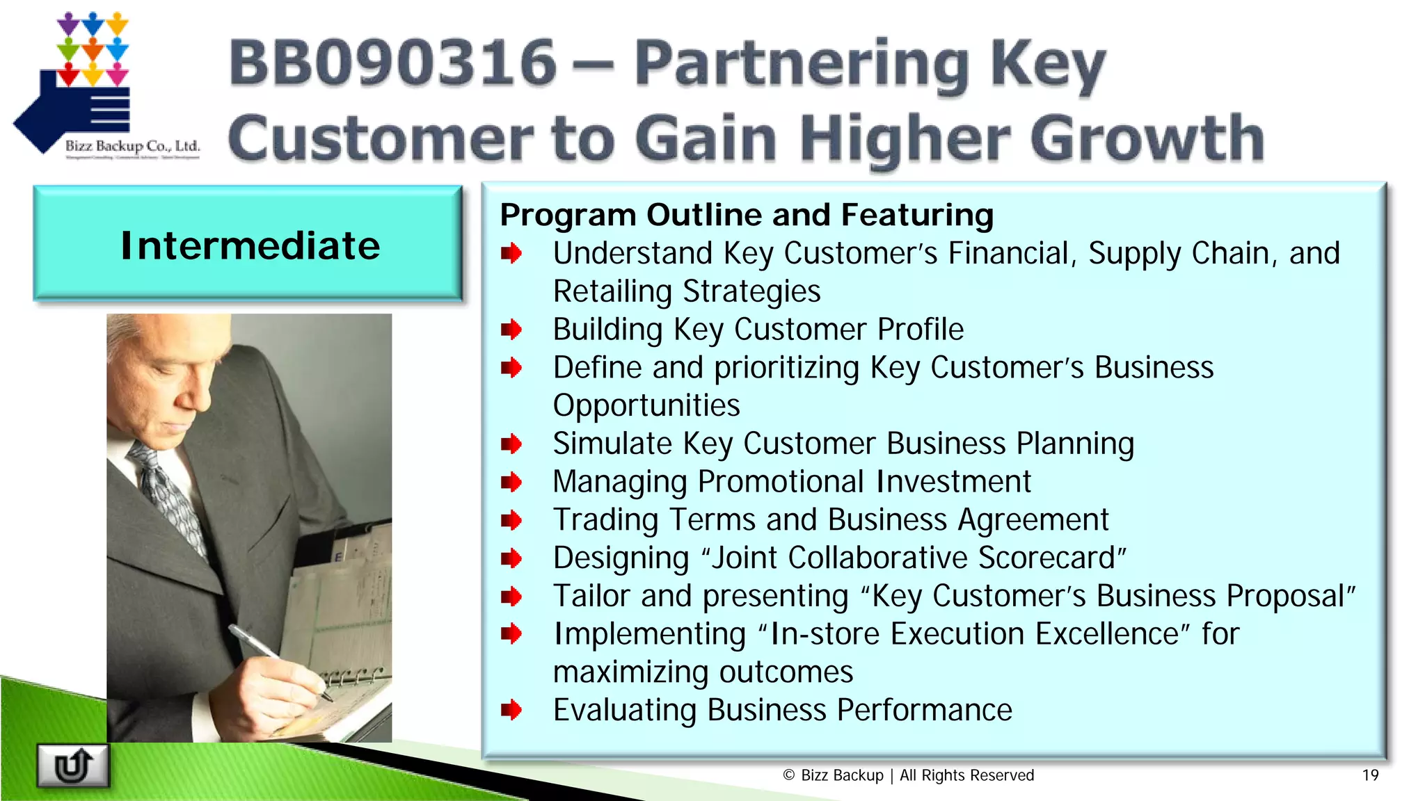 © Bizz Backup | All Rights Reserved 19
Program Outline and Featuring
Understand Key Customer’s Financial, Supply Chain, and
Retailing Strategies
Building Key Customer Profile
Define and prioritizing Key Customer’s Business
Opportunities
Simulate Key Customer Business Planning
Managing Promotional Investment
Trading Terms and Business Agreement
Designing “Joint Collaborative Scorecard”
Tailor and presenting “Key Customer’s Business Proposal”
Implementing “In-store Execution Excellence” for
maximizing outcomes
Evaluating Business Performance
Intermediate
 