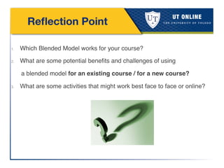 Reﬂection Point
!
1.  Which Blended Model works for your course?!
2.  What are some potential beneﬁts and challenges of using !
!a blended model for an existing course / for a new course?!
3.  What are some activities that might work best face to face or online?
!
!
!
!
!
!
 
