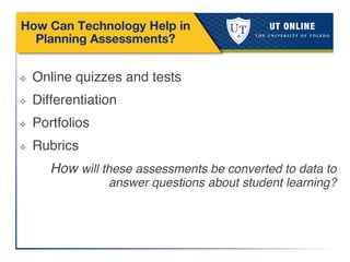 How Can Technology Help in
Planning Assessments?
❖  Online quizzes and tests!
❖  Differentiation!
❖  Portfolios!
❖  Rubrics!
How will these assessments be converted to data to
answer questions about student learning?!
!
!
 