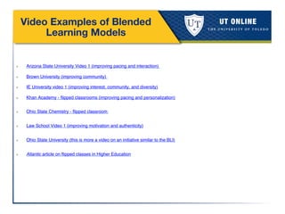 Video Examples of Blended
Learning Models
❖  Arizona State University Video 1 (improving pacing and interaction)  !
❖  Brown University (improving community)  !
❖  IE University video 1 (improving interest, community, and diversity)  !
❖  Khan Academy - ﬂipped classrooms (improving pacing and personalization) 
!
❖  Ohio State Chemistry - ﬂipped classroom  
!
❖  Law School Video 1 (improving motivation and authenticity)  
!
❖  Ohio State University (this is more a video on an initiative similar to the BLI)  
!
❖  Atlantic article on ﬂipped classes in Higher Education!
 
