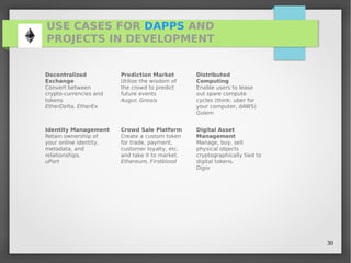 30
USE CASES FOR DAPPS AND
PROJECTS IN DEVELOPMENT
Decentralized
Exchange
Convert between
crypto-currencies and
tokens
EtherDelta, EtherEx
Prediction Market
Utilize the wisdom of
the crowd to predict
future events
Augur, Gnosis
Distributed
Computing
Enable users to lease
out spare compute
cycles (think: uber for
your computer, dAWS)
Golem
Identity Management
Retain ownership of
your online identity,
metadata, and
relationships.
uPort
Crowd Sale Platform
Create a custom token
for trade, payment,
customer loyalty, etc.
and take it to market.
Ethereum, Firstblood
Digital Asset
Management
Manage, buy, sell
physical objects
cryptographically tied to
digital tokens.
Digix
 