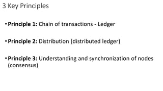 3 Key Principles
•Principle 1: Chain of transactions - Ledger
•Principle 2: Distribution (distributed ledger)
•Principle 3: Understanding and synchronization of nodes
(consensus)
 