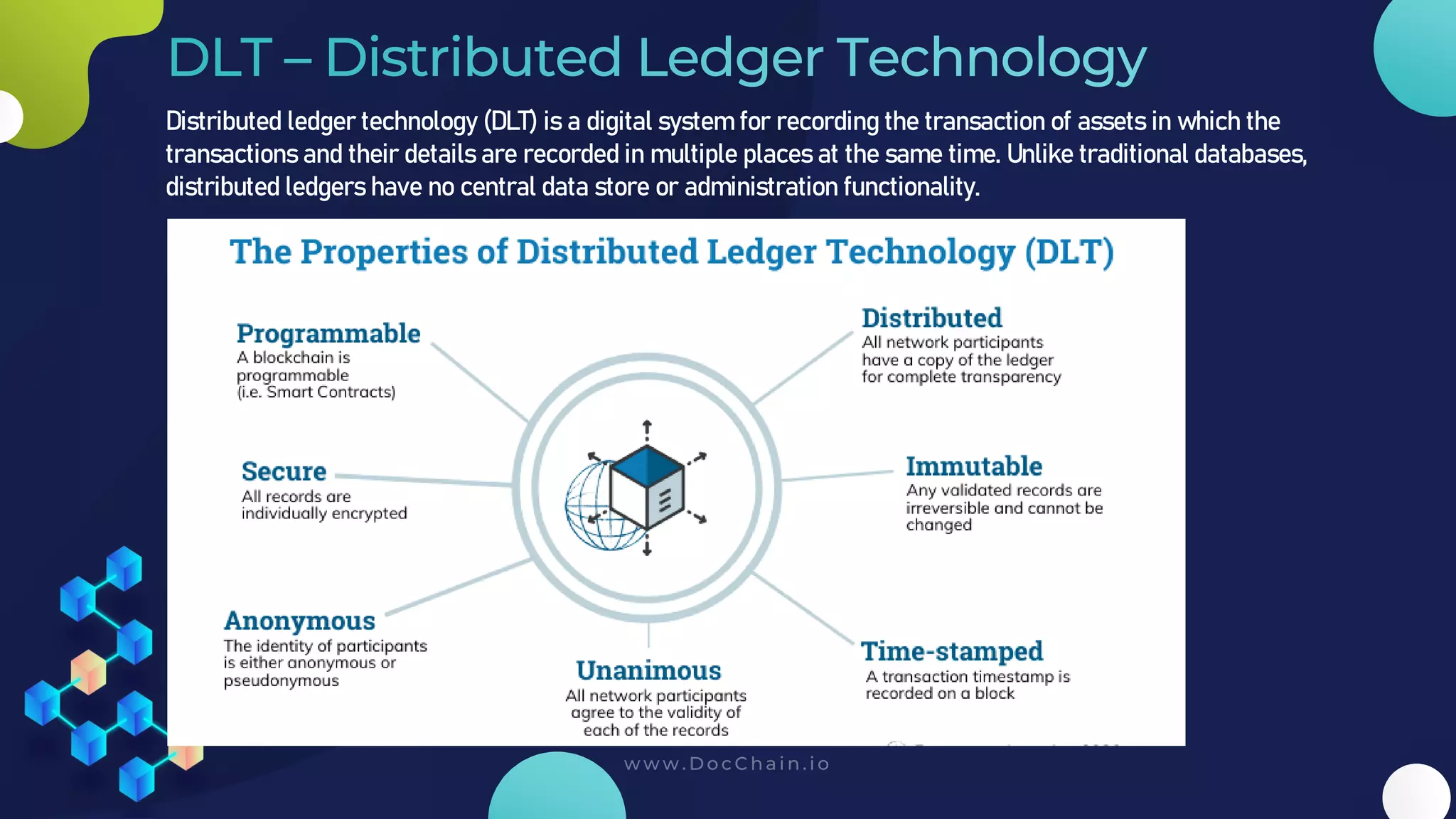 Distributed ledger technology (DLT) is a digital system for recording the transaction of assets in which the
transactions and their details are recorded in multiple places at the same time. Unlike traditional databases,
distributed ledgers have no central data store or administration functionality.
 