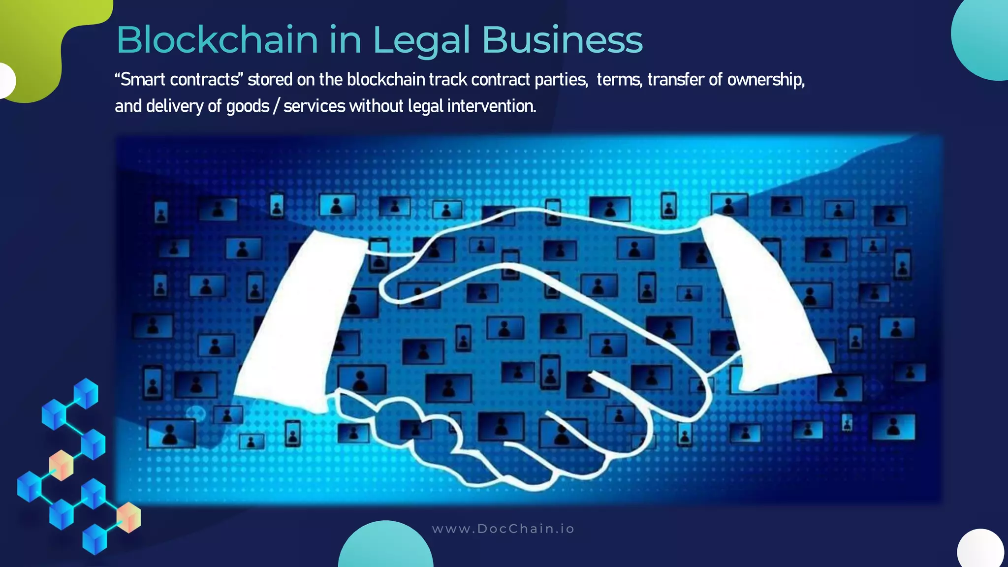 “Smart contracts” stored on the blockchain track contract parties, terms, transfer of ownership,
and delivery of goods / services without legal intervention.
 