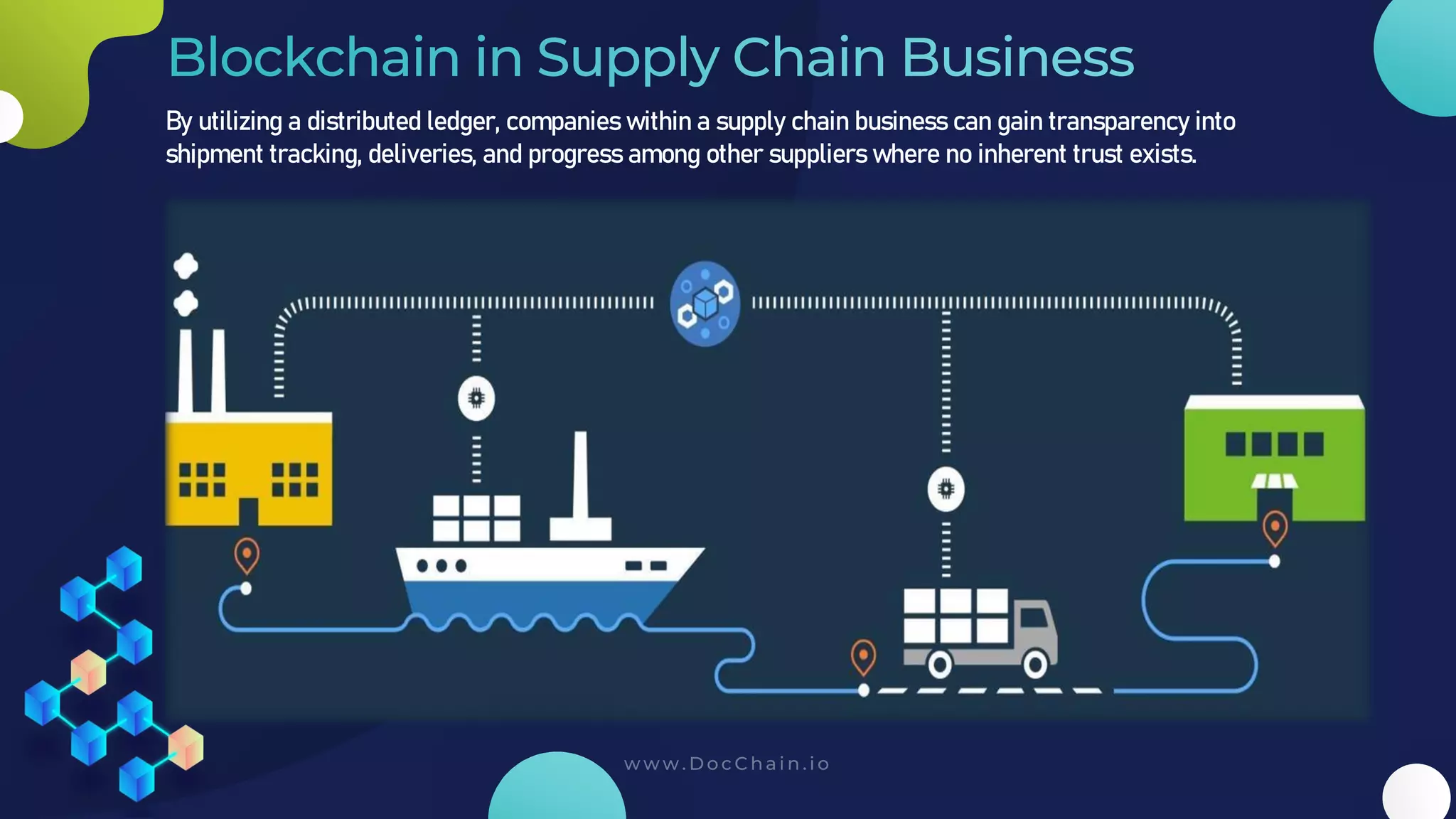 By utilizing a distributed ledger, companies within a supply chain business can gain transparency into
shipment tracking, deliveries, and progress among other suppliers where no inherent trust exists.
 