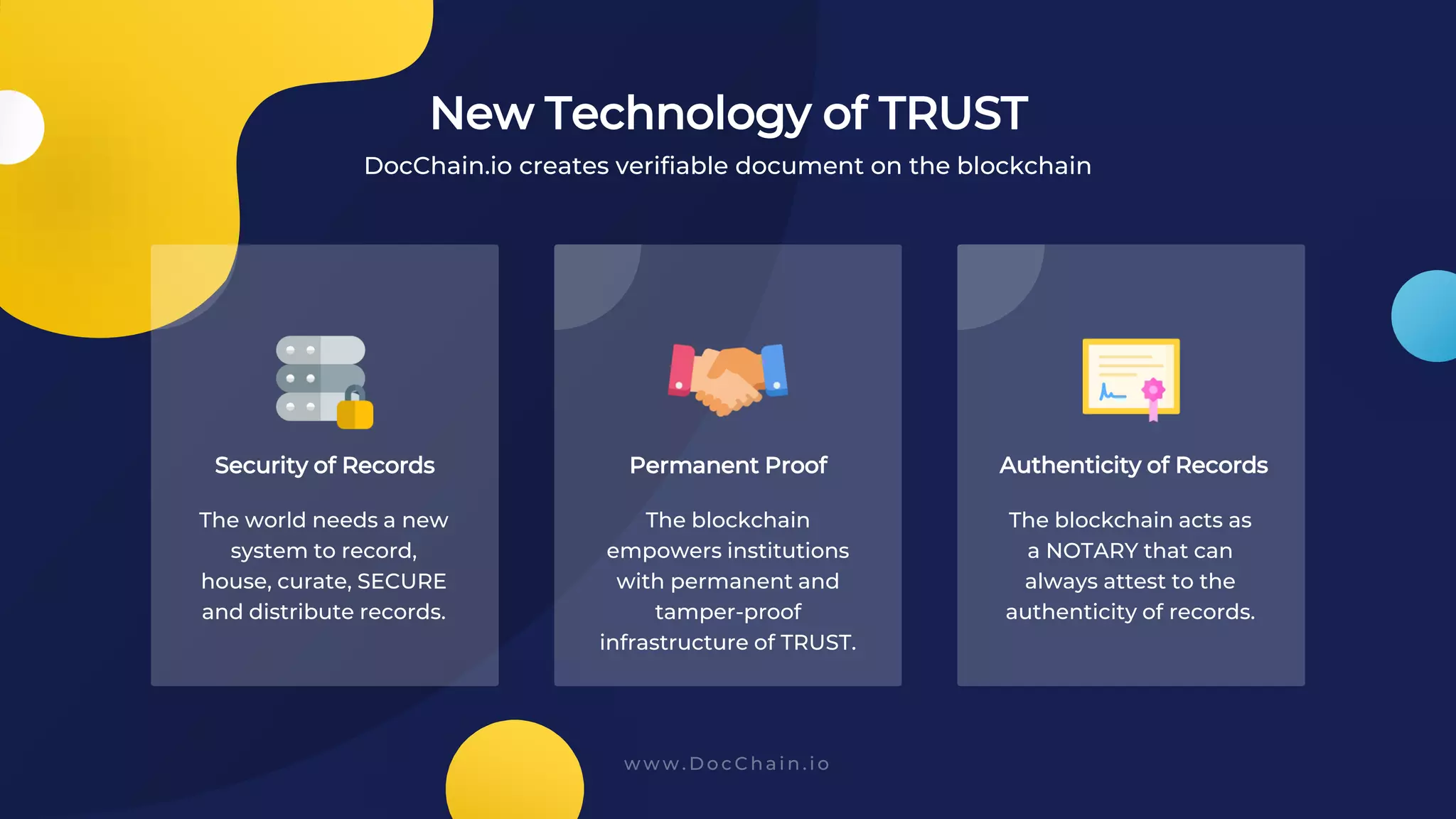 DocChain.io creates verifiable document on the blockchain
New Technology of TRUST
Security of Records Permanent Proof Authenticity of Records
The world needs a new
system to record,
house, curate, SECURE
and distribute records.
The blockchain
empowers institutions
with permanent and
tamper-proof
infrastructure of TRUST.
The blockchain acts as
a NOTARY that can
always attest to the
authenticity of records.
 