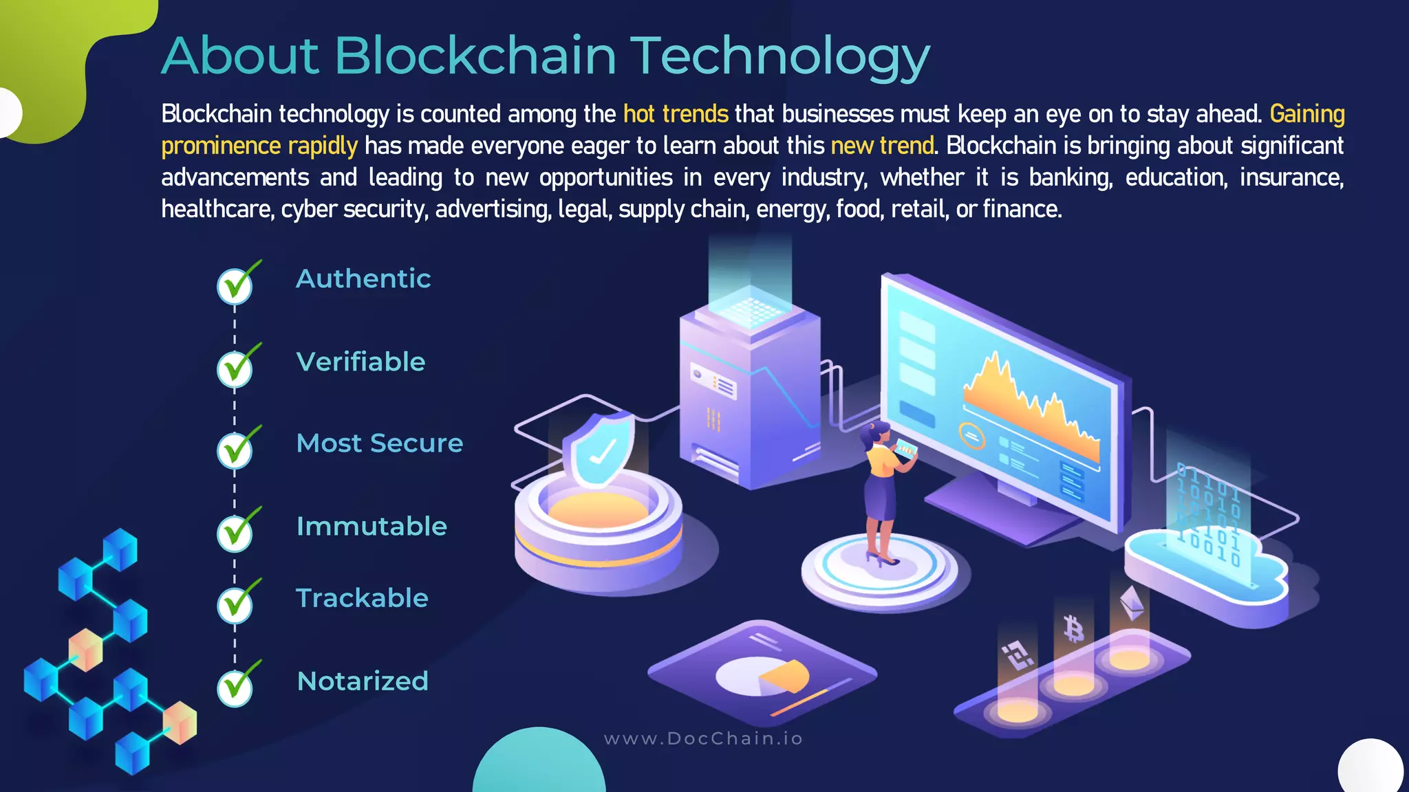 Blockchain technology is counted among the hot trends that businesses must keep an eye on to stay ahead. Gaining
prominence rapidly has made everyone eager to learn about this new trend. Blockchain is bringing about significant
advancements and leading to new opportunities in every industry, whether it is banking, education, insurance,
healthcare, cyber security, advertising, legal, supply chain, energy, food, retail, or finance.
Authentic
Verifiable
Most Secure
Immutable
Trackable
Notarized
 
