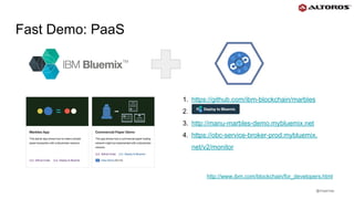 @rmgarciap
Fast Demo: PaaS
http://www.ibm.com/blockchain/for_developers.html
1. https://github.com/ibm-blockchain/marbles
2.
3. http://manu-marbles-demo.mybluemix.net
4. https://obc-service-broker-prod.mybluemix.
net/v2/monitor
 