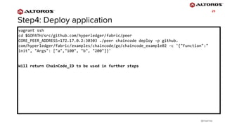 @rmgarciap
2929
vagrant ssh
cd $GOPATH/src/github.com/hyperledger/fabric/peer
CORE_PEER_ADDRESS=172.17.0.2:30303 ./peer chaincode deploy -p github.
com/hyperledger/fabric/examples/chaincode/go/chaincode_example02 -c '{"Function":"
init", "Args": ["a","100", "b", "200"]}'
Will return ChainCode_ID to be used in further steps
 