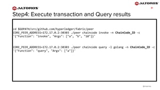 @rmgarciap
3131
cd $GOPATH/src/github.com/hyperledger/fabric/peer
CORE_PEER_ADDRESS=172.17.0.2:30303 ./peer chaincode invoke -n ChainCode_ID -c
'{"Function": "invoke", "Args": ["a", "b", "10"]}'
CORE_PEER_ADDRESS=172.17.0.2:30303 ./peer chaincode query -l golang -n ChainCode_ID -c
'{"Function": "query", "Args": ["a"]}'
 