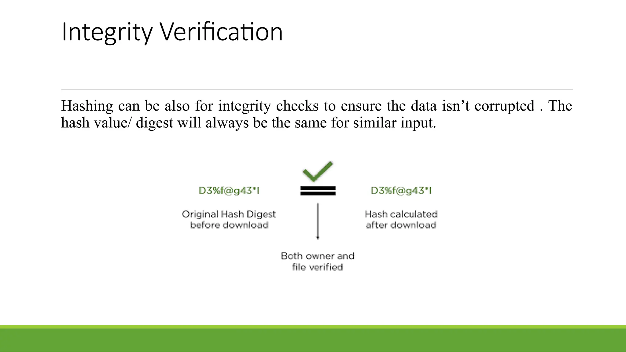 Integrity Verification
Hashing can be also for integrity checks to ensure the data isn’t corrupted . The
hash value/ digest will always be the same for similar input.
 