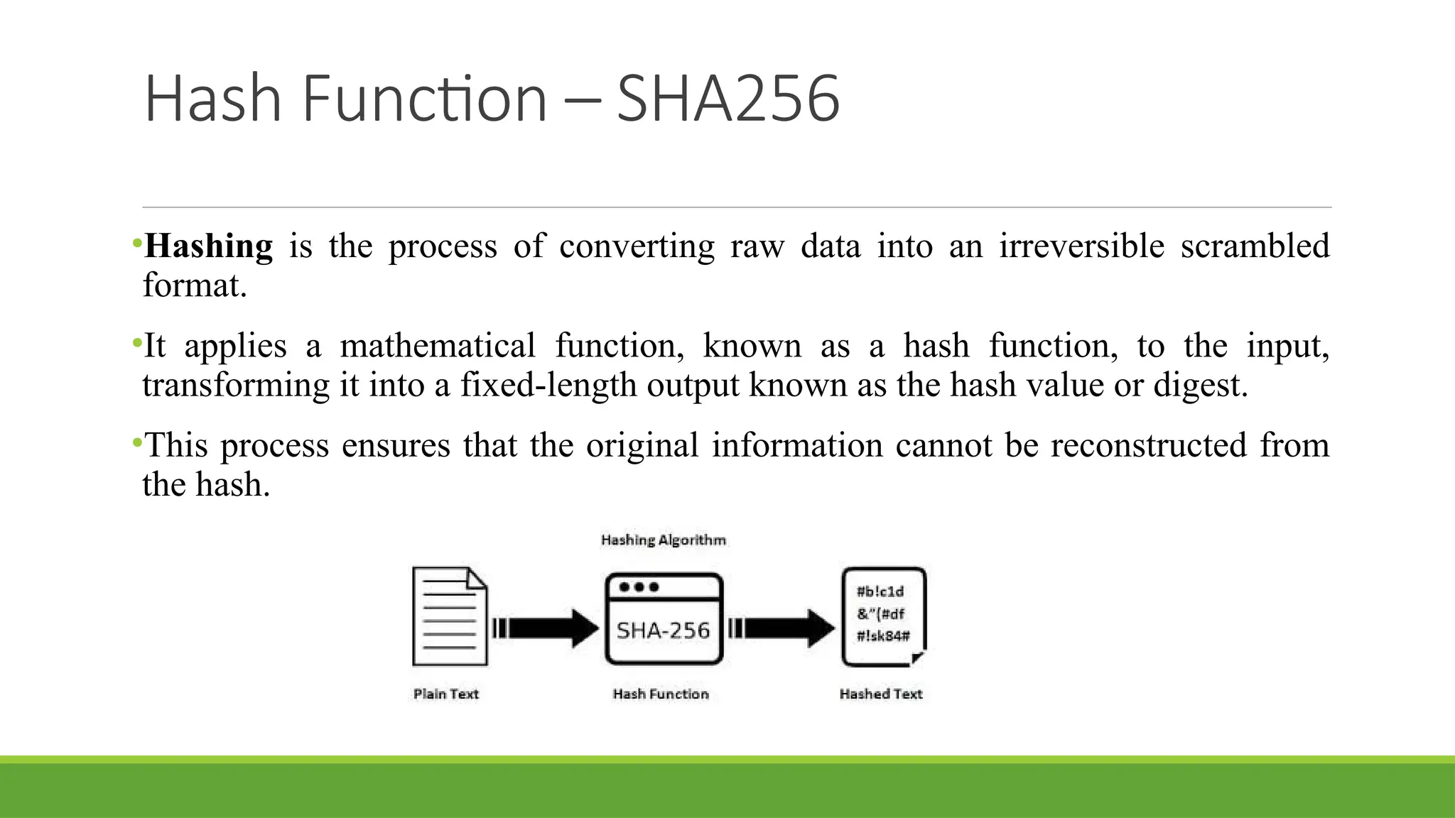 Hash Function – SHA256
•Hashing is the process of converting raw data into an irreversible scrambled
format.
•It applies a mathematical function, known as a hash function, to the input,
transforming it into a fixed-length output known as the hash value or digest.
•This process ensures that the original information cannot be reconstructed from
the hash.
 
