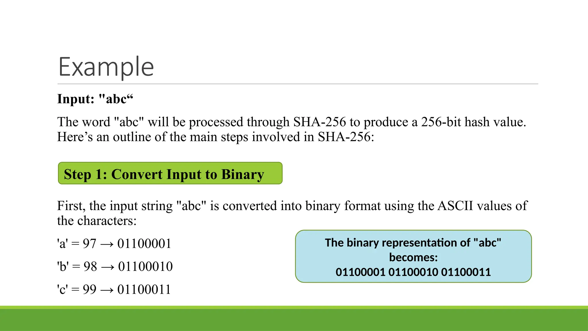Example
Input: "abc“
The word "abc" will be processed through SHA-256 to produce a 256-bit hash value.
Here’s an outline of the main steps involved in SHA-256:
First, the input string "abc" is converted into binary format using the ASCII values of
the characters:
'a' = 97 → 01100001
'b' = 98 → 01100010
'c' = 99 → 01100011
Step 1: Convert Input to Binary
The binary representation of "abc"
becomes:
01100001 01100010 01100011
 