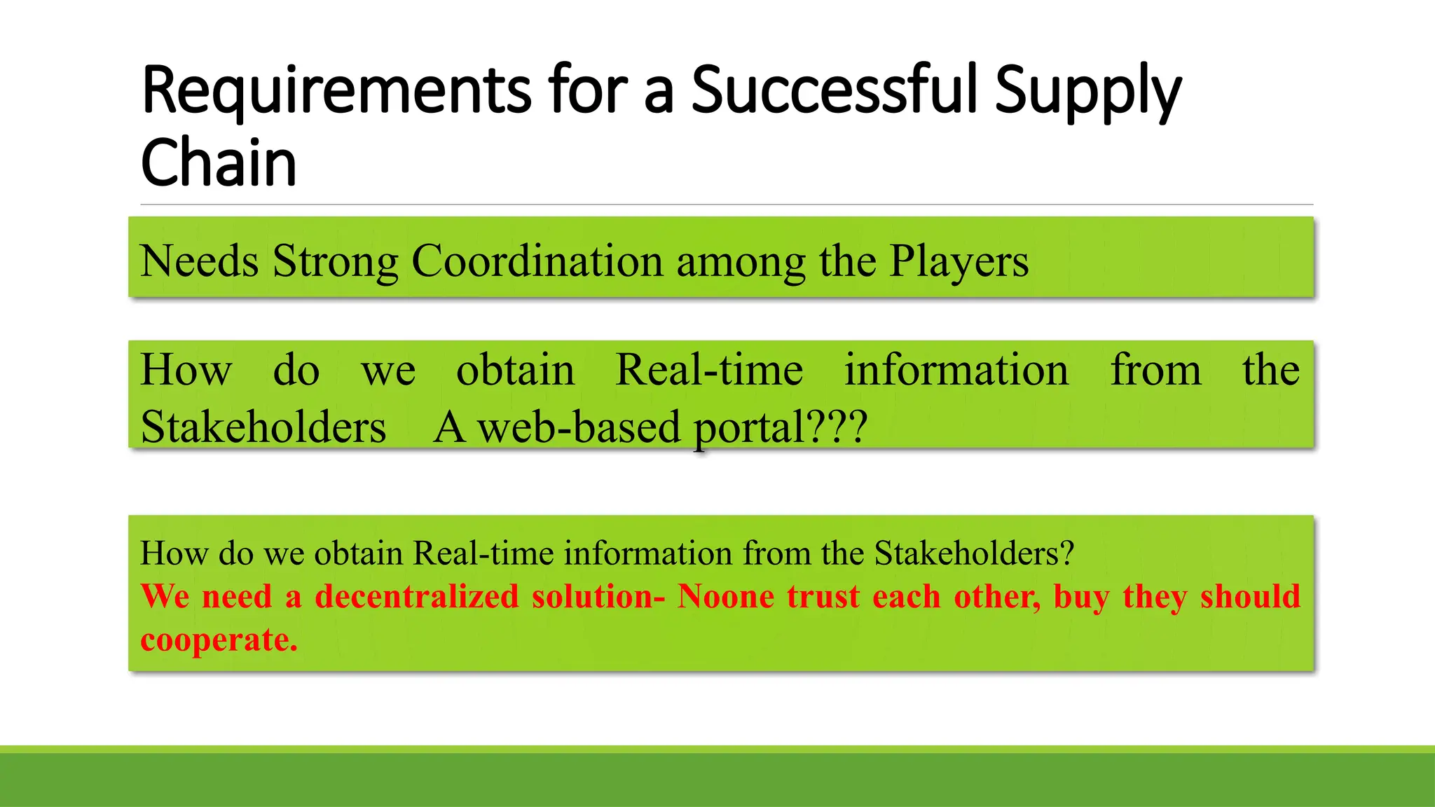 Requirements for a Successful Supply
Chain
Needs Strong Coordination among the Players
How do we obtain Real-time information from the
Stakeholders A web-based portal???
How do we obtain Real-time information from the Stakeholders?
We need a decentralized solution- Noone trust each other, buy they should
cooperate.
 
