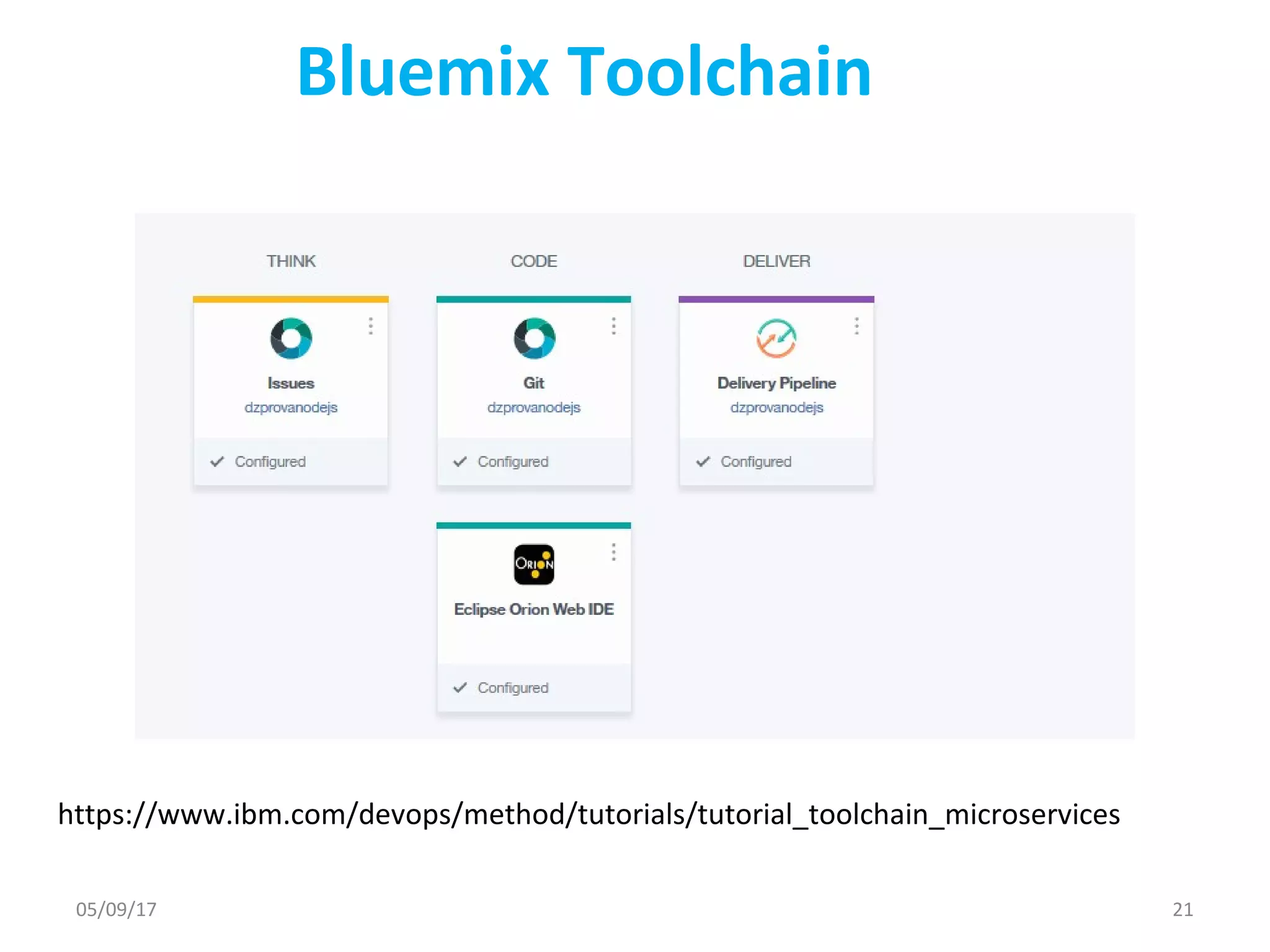05/09/17 21
https://www.ibm.com/devops/method/tutorials/tutorial_toolchain_microservices
Bluemix Toolchain
 