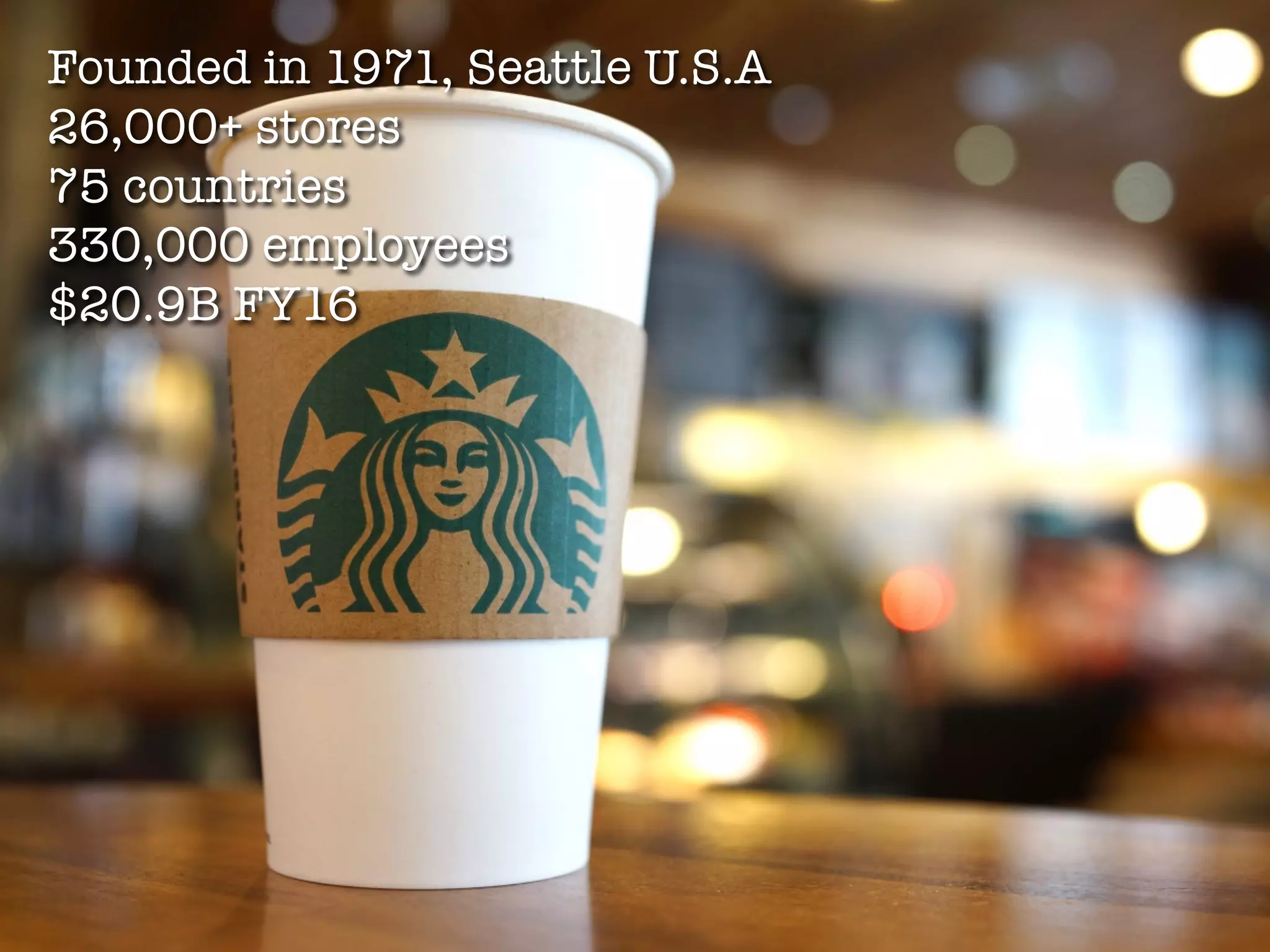 Founded in 1971, Seattle U.S.A
26,000+ stores
75 countries
330,000 employees
$20.9B FY16
 