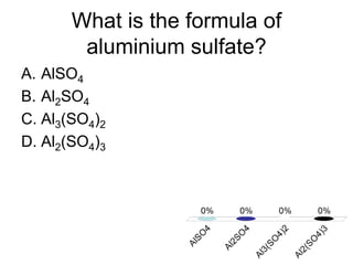 What is the formula of
aluminium sulfate?
A. AlSO4
B. Al2SO4
C. Al3(SO4)2
D. Al2(SO4)3
 